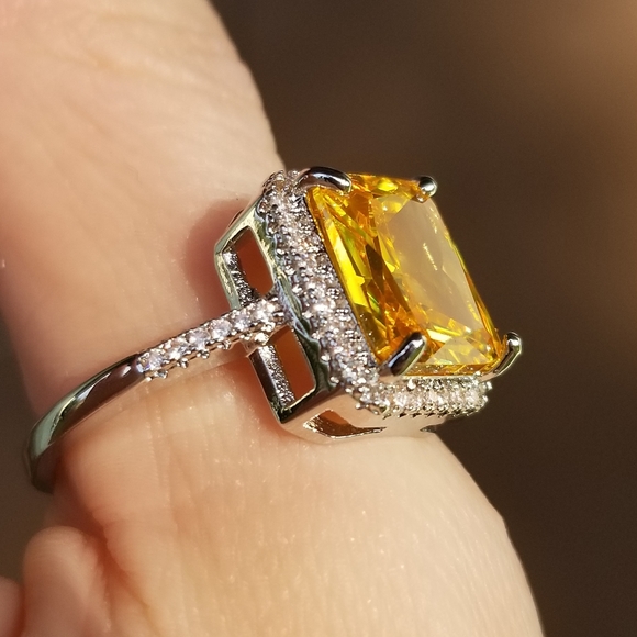 🆕S925-6.28CT Yellow Citrine/White Sapphire Ring 9 - Picture 4 of 12